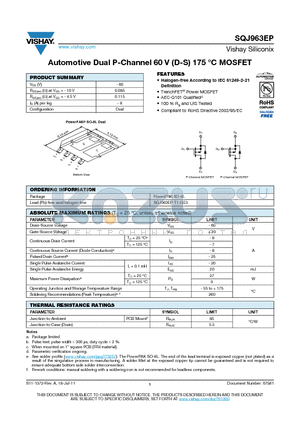 SQJ963EP datasheet - Automotive Dual P-Channel 60 V (D-S) 175 `C MOSFET