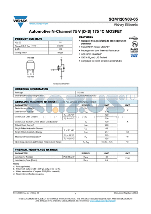 SQM120N08-05 datasheet - Automotive N-Channel 75 V (D-S) 175 `C MOSFET