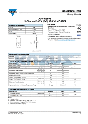 SQM18N33-160H-GE3 datasheet - N-Channel 330 V (D-S) 175 Celsius MOSFET