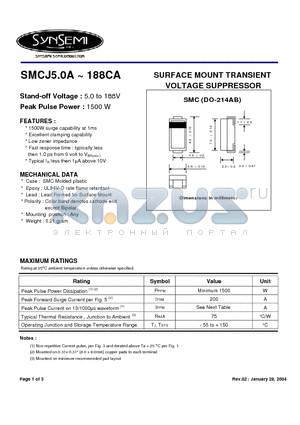 SMCJ160CA datasheet - SURFACE MOUNT TRANSIENT VOLTAGE SUPPRESSOR