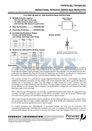 TISP4350L3BJ datasheet - BIDIRECTIONAL THYRISTOR OVERVOLTAGE PROTECTORS