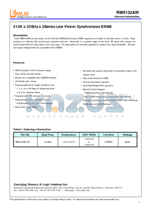 RMS132AF-10E datasheet - 512K x 32Bits x 2Banks Low Power Synchronous DRAM