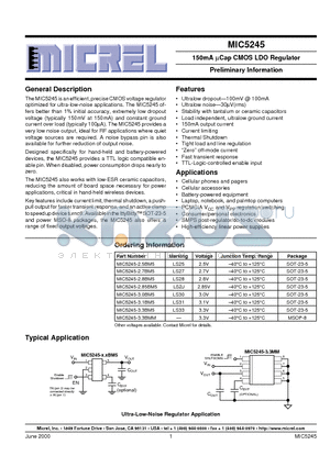 MIC5245-2.7BM5 datasheet - 150mA lCap CMOS LDO Regulator Preliminary Information