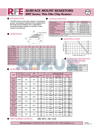 RMT06R-10K-B25 datasheet - SURFACE MOUNT RMT Series: Thin Film Chip Resistor RESISTORS