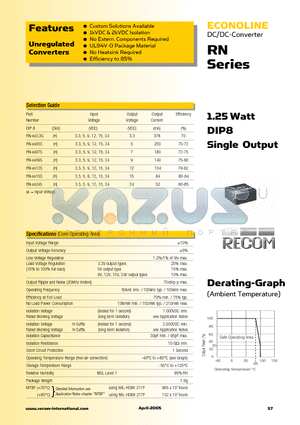 RN-1215S datasheet - 1.25 Watt DIP8 Sigle Output