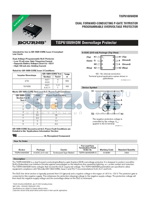 TISP61089HDM datasheet - DUAL FORWARD-CONDUCTING P-GATE THYRISTOR PROGRAMMABLE OVERVOLTAGE PROTECTOR