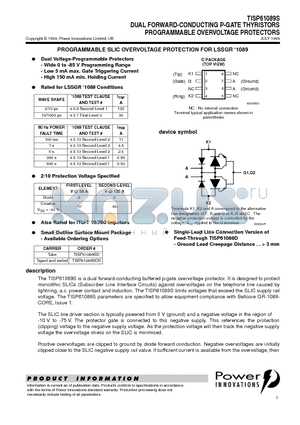 TISP61089SDR datasheet - DUAL FORWARD-CONDUCTING P-GATE THYRISTORS PROGRAMMABLE OVERVOLTAGE PROTECTORS