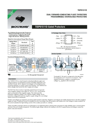 TISP61511D datasheet - DUAL FORWARD-CONDUCTING P-GATE THYRISTORS PROGRAMMABLE OVERVOLTAGE PROTECTORS