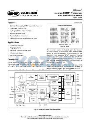 MT8888C datasheet - Integrated DTMF Transceiver with Intel Micro Interface