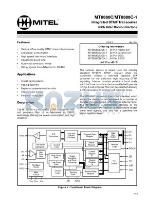 MT8888CC-1 datasheet - Integrated DTMFTransceiver with Intel Micro Interface