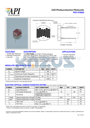 PDV-P5003 datasheet - CdS Photoconductive Photocells