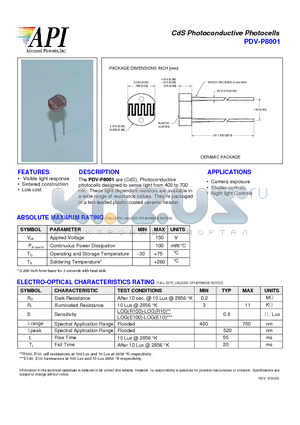 PDV-P8001 datasheet - CdS Photoconductive Photocells