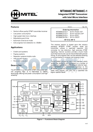 MT8888CN-1 datasheet - Integrated DTMFTransceiver with Intel Micro Interface