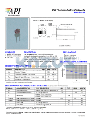 PDV-P8107 datasheet - CdS Photoconductive Photocells