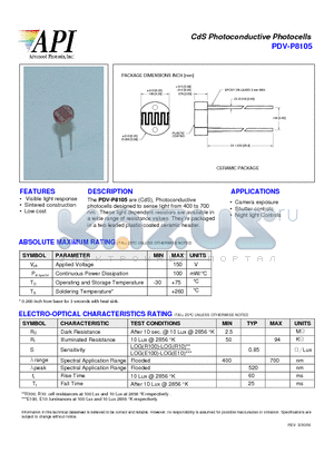 PDV-P8105 datasheet - CdS Photoconductive Photocells