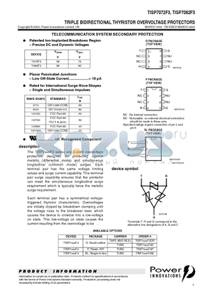 TISP7072F3 datasheet - TRIPLE BIDIRECTIONAL THYRISTOR OVERVOLTAGE PROTECTORS