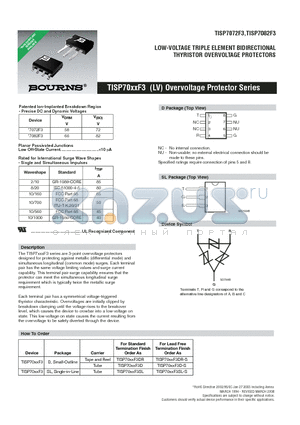 TISP7082F3DR datasheet - LOW-VOLTAGE TRIPLE ELEMENT BIDIRECTIONAL THYRISTOR OVERVOLTAGE PROTECTORS