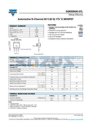 SQR50N06-07L datasheet - Automotive N-Channel 60 V (D-S) 175 `C MOSFET