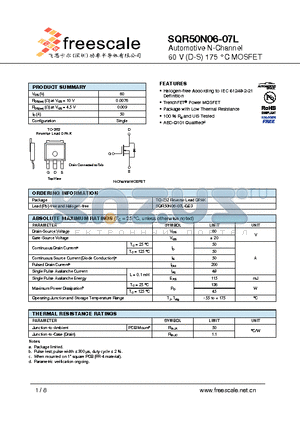 SQR50N06-07L datasheet - Automotive N-Channel 60 V (D-S) 175 `C MOSFET