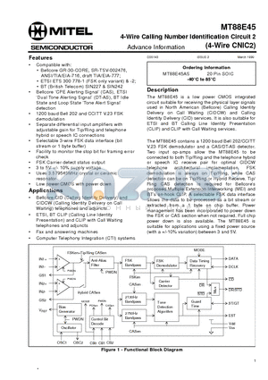 MT88E45 datasheet - 4-Wire Calling Number Identification Circuit 2(4-Wire CNIC2)