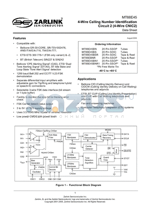 MT88E45 datasheet - 4-Wire Calling Number Identification Circuit 2 (4-Wire CNIC2)
