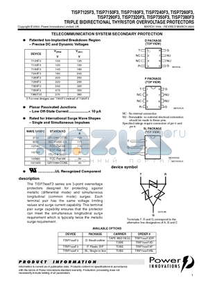 TISP7125F3 datasheet - TRIPLE BIDIRECTIONAL THYRISTOR OVERVOLTAGE PROTECTORS