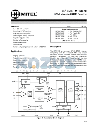 MT88L70 datasheet - 3 Volt Integrated DTMF Receiver