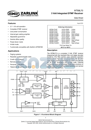 MT88L70AE1 datasheet - 3 Volt Integrated DTMF Receiver