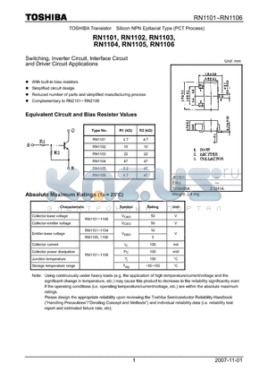 RN1101 datasheet - Switching, Inverter Circuit, Interface Circuit and Driver Circuit Applications