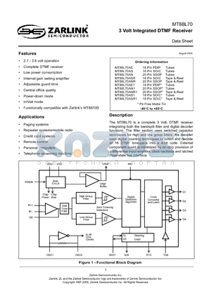 MT88L70AS1 datasheet - 3 Volt Integrated DTMF Receiver