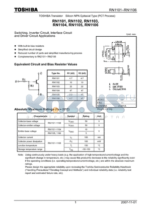 RN1101_07 datasheet - Switching, Inverter Circuit, Interface Circuit and Driver Circuit Applications