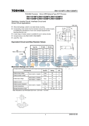 RN1103MFV datasheet - Switching, Inverter Circuit, Interface Circuit and Driver Circuit Applications