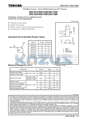 RN1103F datasheet - SWITCHING ,INVERTER CIRCUIT,INTERFACE CIRCUIT AND DRIVER CIRCUIT APPLICATIONS