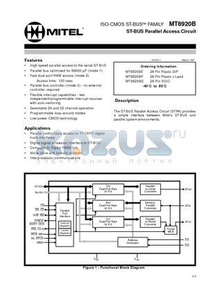 MT8920B-1 datasheet - ISO-CMOS ST-BUS FAMILY ST-BUS Parallel Access Circuit