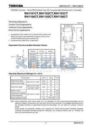 RN1105CT datasheet - Switching Applications Inverter Circuit Applications Interface Circuit Applications Driver Circuit Applications