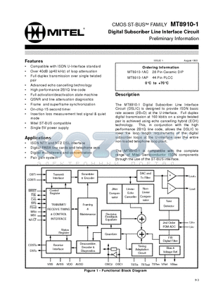 MT8910-1 datasheet - CMOS ST-BUS FAMILY Digital Subscriber Line Interface Circuit