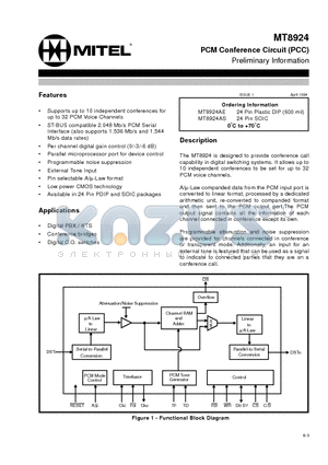 MT8924-1 datasheet - PCM Conference Circuit (PCC) Preliminary Information