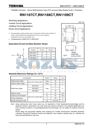 RN1107CT datasheet - Switching Applications Inverter Circuit Applications Interface Circuit Applications Driver Circuit Applications