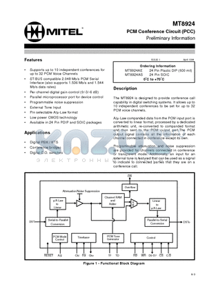 MT8924AE datasheet - PCM Conference Circuit (PCC) Preliminary Information