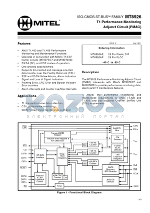 MT8926 datasheet - ISO-CMOS ST-BUS FAMILY T1 Performance Monitoring Adjunct Circuit (PMAC)