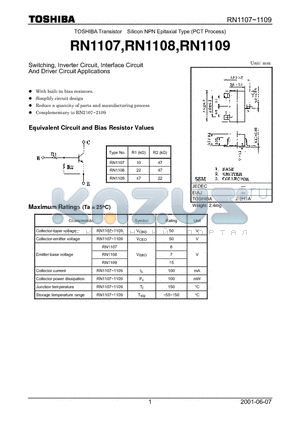 RN1107 datasheet - Switching, Inverter Circuit, Interface Circuit And Driver Circuit Applications