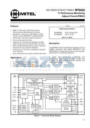 MT8926AE datasheet - ISO-CMOS ST-BUS FAMILY T1 Performance Monitoring Adjunct Circuit (PMAC)