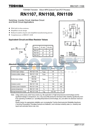 RN1109 datasheet - Switching, Inverter Circuit, Interface Circuit and Driver Circuit Applications