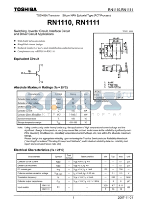 RN1110_07 datasheet - Switching, Inverter Circuit, Interface Circuit and Driver Circuit Applications