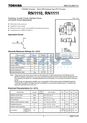 RN1111 datasheet - Switching, Inverter Circuit, Interface Circuit and Driver Circuit Applications