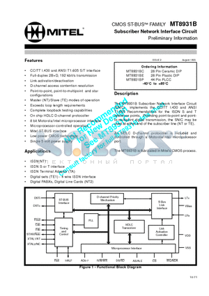 MT8931BE datasheet - Subscriber Network Interface Circuit