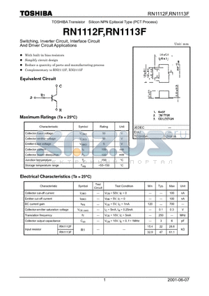 RN1112F datasheet - Switching, Inverter Circuit, Interface Circuit And Driver Circuit Applications