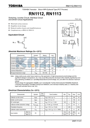 RN1113 datasheet - Switching, Inverter Circuit, Interface Circuit and Driver Circuit Applications