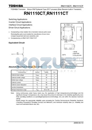 RN1110CT datasheet - Switching Applications Inverter Circuit Applications Interface Circuit Applications Driver Circuit Applications