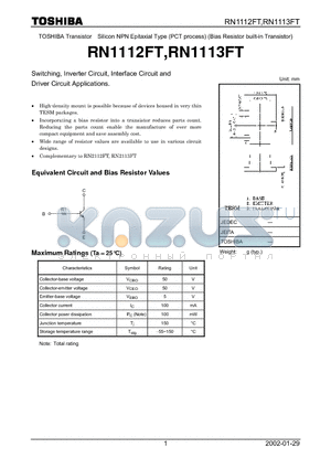 RN1113FT datasheet - TOSHIBA Transistor Silicon NPN Epitaxial Type (PCT process) (Bias Resistor built-in Transistor)